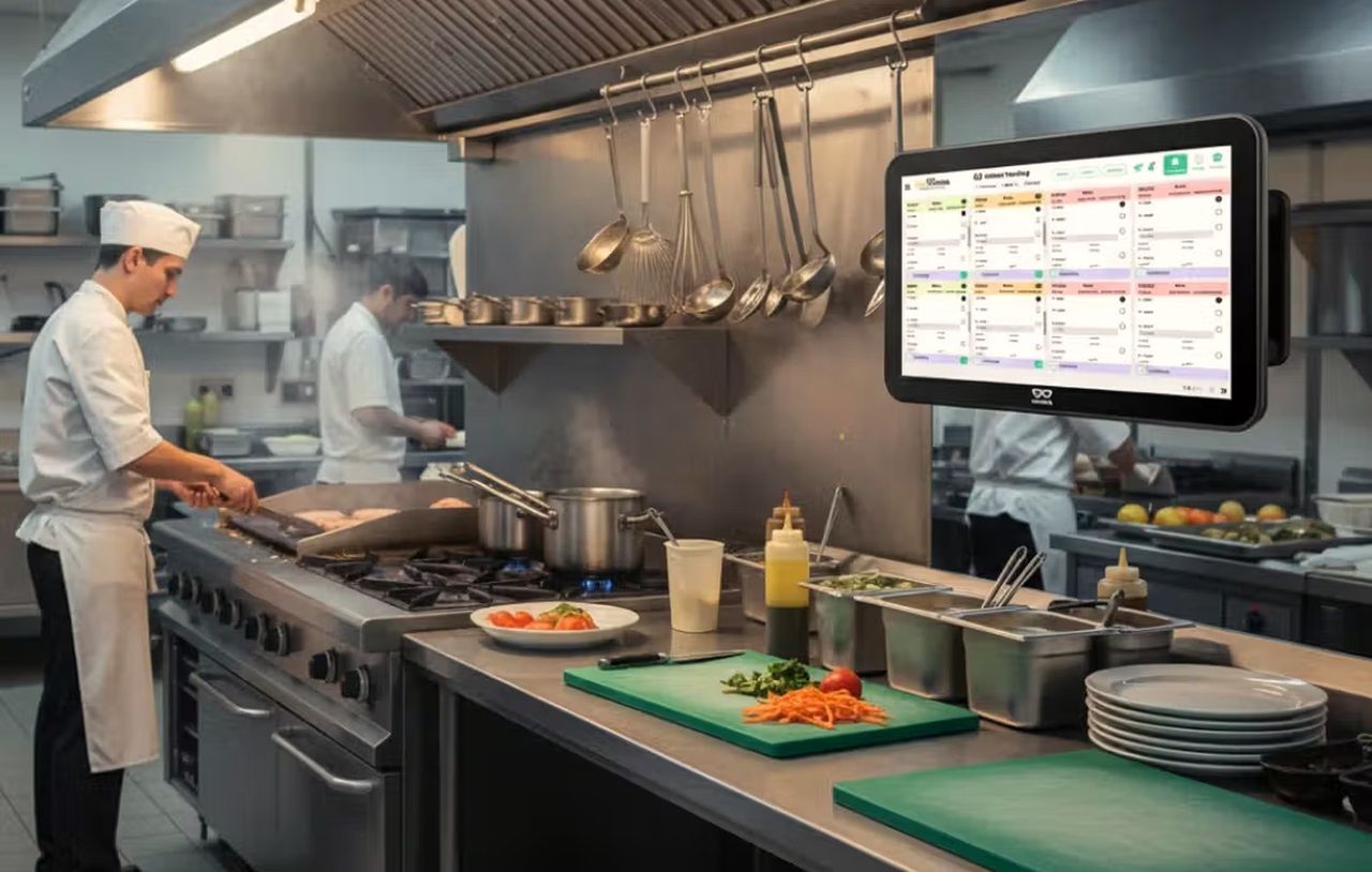 Kitchen display screen glowing with order tickets in a working kitchen